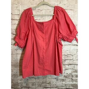 Laruen Conrad Top Women 1X Peasant Cottage Prairie Coral Square Neck Puff Sleeve